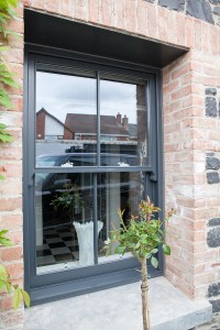 two panes over two - Iroko | Anthracite Grey RAL 7016 | Double Glazed Glass | Duplex Glazing with Fused on Glazing Bars | Weights and Cords | Individual Glass Panes; 2 over 2 | Polished Chrome Key Lockable Catches