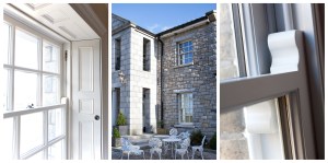 McNally Cream sliding sash windows - Iroko Teak | McNally Cream Finish | Weights and Cords | Shutters | Matching Overhead Panel | Individual Glass Panes; 6 over 6 | Traditional Satin Chrome Catches
