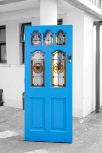Bright blue stained glass door - Raised and Fielded Panels | Accoya | Stained and Leaded Glass | F&B 280 St. Giles Blue | Brass Ball Bearing Hinges