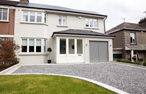 Front screen and garage doors - Single Panel Porch Doors and Screen | White | Iroko | TG&V Sheeted Garage Doors | F&B Plummett No.272 | Stainless Steel Hardware | Polished Chrome Ring Pull | Satin Aluminium Threshold