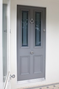 Front entrance door with two glass panes and two panels - 57mm Flat Panel Door | Iroko | Bolection Mould | Obscure Glass with Clear Border | Polished Chrome Letterbox | F&B Plummett No. 272