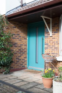 Mint turquoise front entrance door - TG&V Sheeting | Accoya | Mint Turquoise | Double Glazed Obscure Vision Panel | Stainless Steel T-bar Handle | Aluminium Threshold