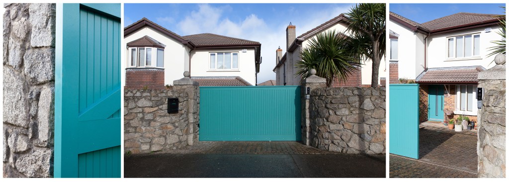 Sliding motorised mint turquoise gate - driveway