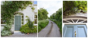 green door with arched fanlight and sidelite windows - driveway