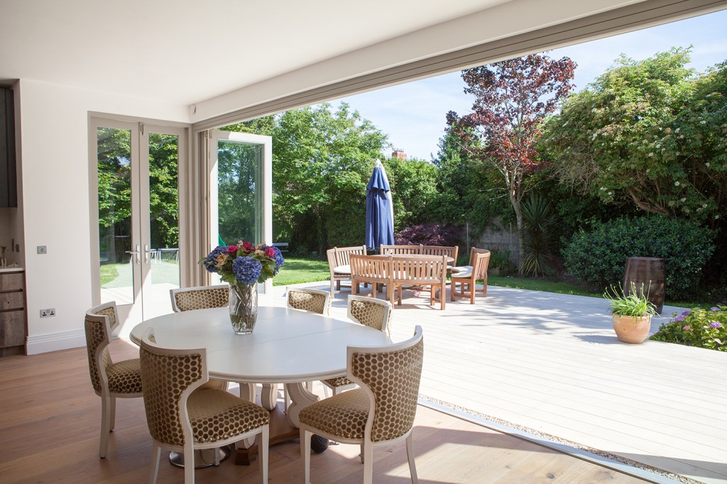 Bi-fold door and side double doors - Accoya | RAL 7030 to Outside | Grey to Inside | Sliding Gear | Three Left and Right Bi-Folding Leaves | Shaker Style Doors | Side Double Doors | Satin Chrome Handles