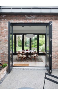 Courtyard bi-fold doors - Two Folding & One Hinged Leaf | Accoya | Glass | RAL 7021 Black Grey | Centor E3 Sliding Gear | Stainless Steel Ball Bearing Hinges | Satin Chrome Handles