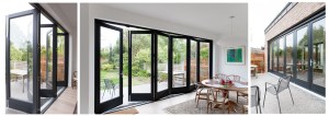 six leaf bi-fold door with black door frame and casing