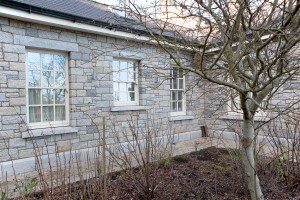 Sliding sash windows - double hung windows with cream finish - stone house - tree