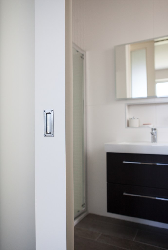 Sliding pocket door - Door sliding into wall pocket | Beech | White | 54mm Thick | Sandblasted Glass | Satin Chrome Flush Pull Handles | Architrave and Liners