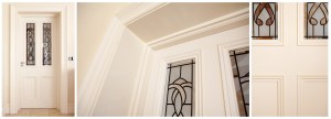 transom door with detailed sandblasted glass - internal four panel door with leaded and sandblasted glass - white door with white door frame and casing
