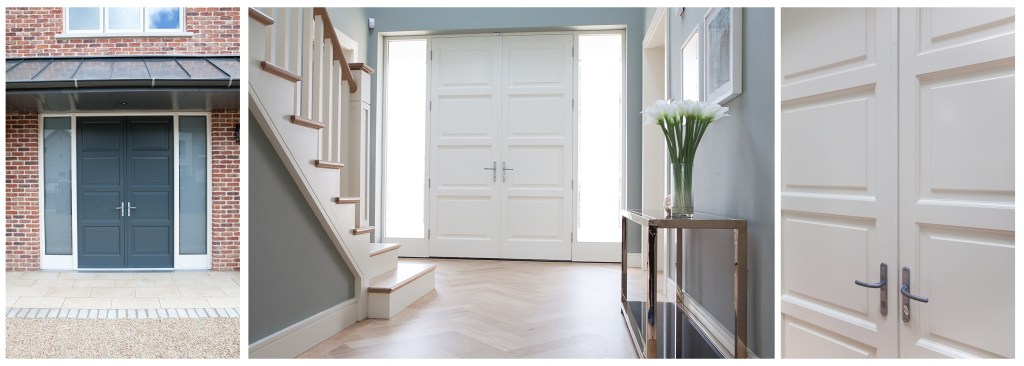 Dual color front double door - hallway entrance - sidelite windows - brick house