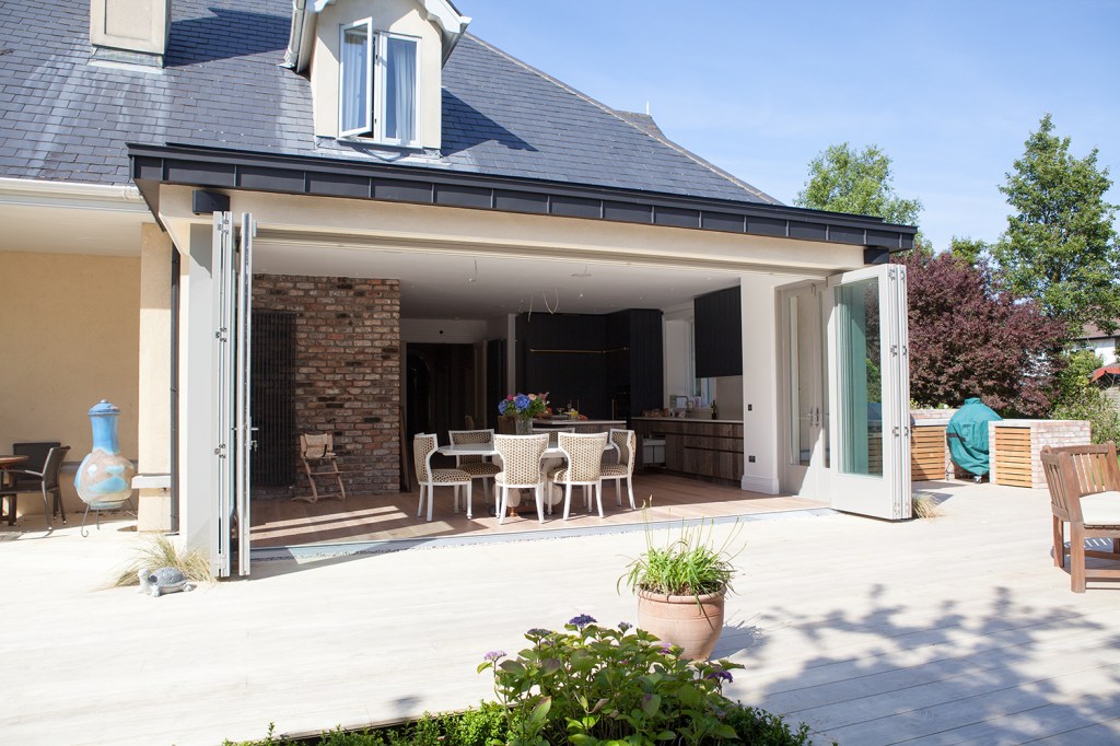 Seven leaf bi-folding door - Accoya | RAL 7030 to outside | Grey to Inside | Centor E3 Sliding Gear | Seven Folding Leaves | Shaker Style Doors | Satin Chrome Fab and Fix Handles