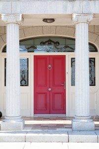 Ruby red front door and screen - Iroko Teak | 4 Panel Imitation Double Door | Leaded Sandblasted Glass | Ruby Red | Stainless Steel Hardware | Double Side Screen | Arched Fanlight | Flat Panel Bolection Mould
