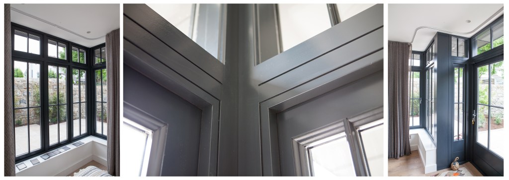 Corner windows - Iroko | Anthracite Grey RAL 7016 | Duplex Glass with Plant on Glazing Bars | Fixed and Opening Sashes | Stainless Steel Handles