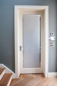 Internal door and frame with sandblasted glass - white door frame and casing