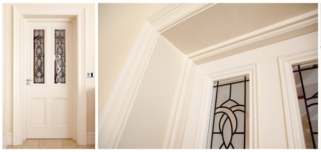 White transom door with white door frame and casing - sandblasted window detail