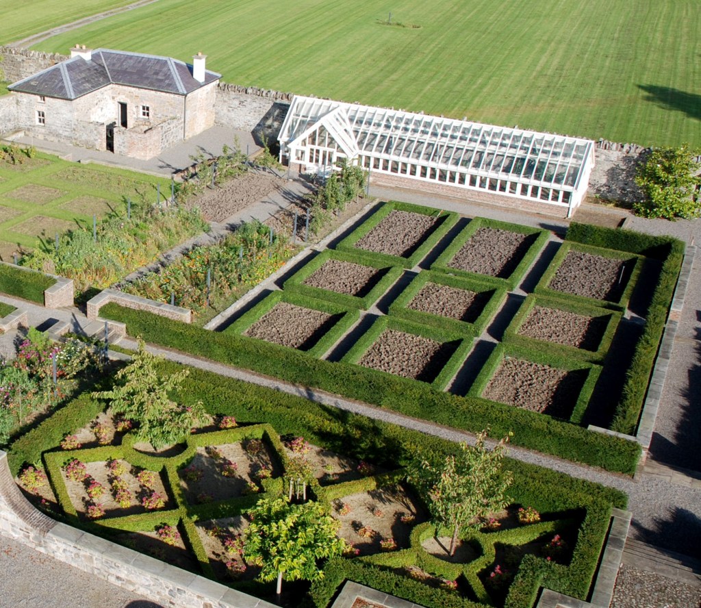 View of greenhouse and green hedges from sky - decorative hedges - green landscape - glass greenhouse