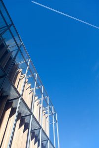 blue sky view with glass window detail - silver frame