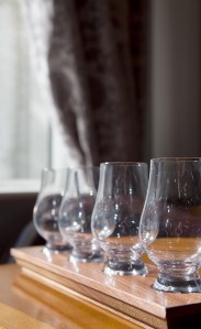 wooden tray to hold clear whiskey glasses