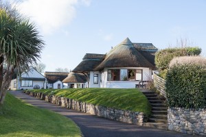 Driveway in front of stone garden hedge with green grass landscape and steps leading to cottages - white cottages with thatched roof and curved clear windows