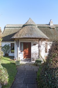 Walkway to the front door of a thatched roof house - white house - brown front door with sidelite windows