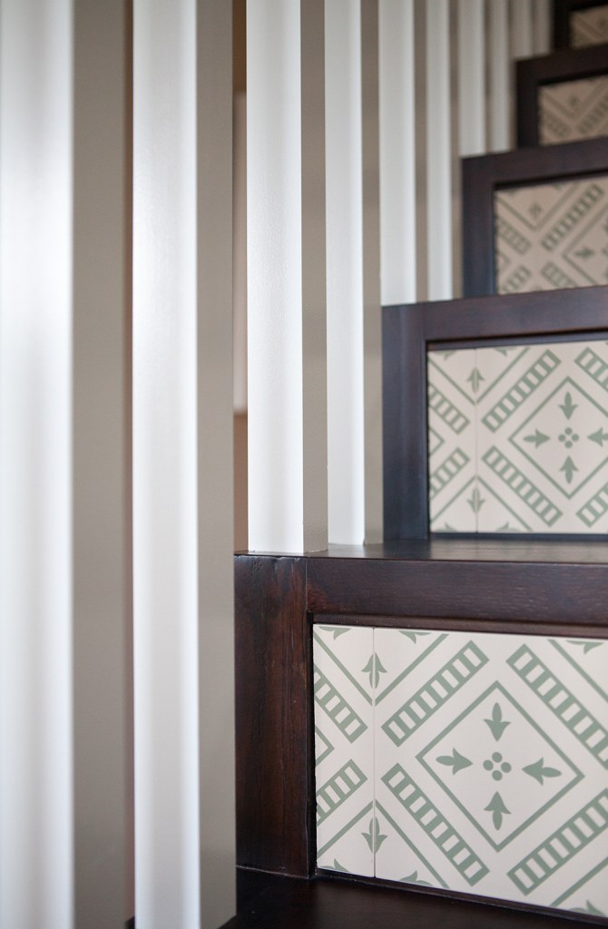 white detailed staircase riser with dark wood frame - dark wood tread - white baluster