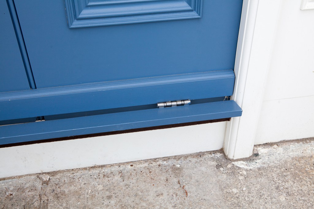 Blue door with silver hinge and white frame with casing