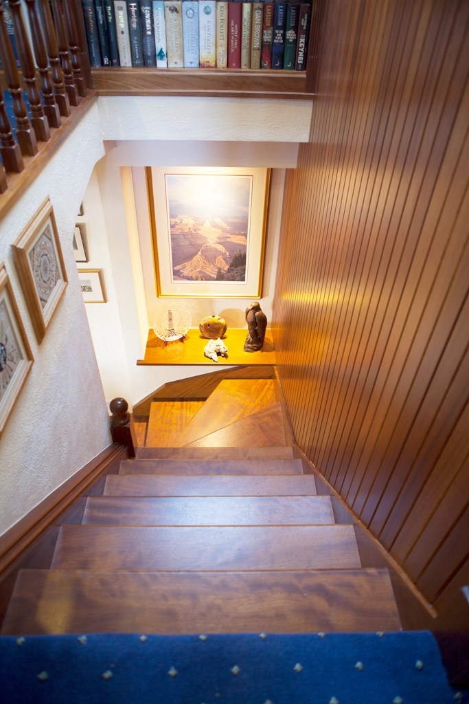 Looking down staircase - wooden stair tread - sheeted wood wall - bookcase