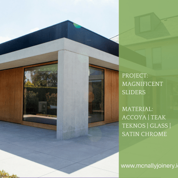 Project: Magnificent Sliders - Accoya - Teak - Teknos - Glass - Satin Chrome - side view house with wooden walls and big windows - cement pillars