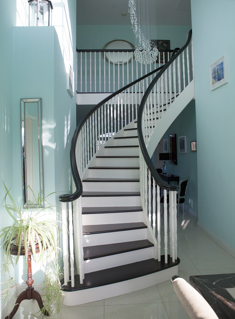 Slightly curved staircase - white stair riser - white string - black stair tread - black stair handrail - pot plant on side table - white baluster - chandelier