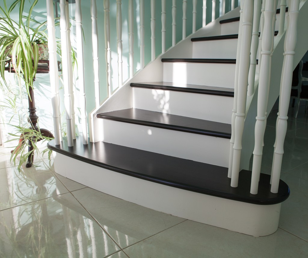Pot plant on side table - start of stairs - white stair riser - dark wood tread - white wood baluster