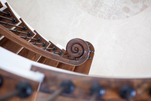 View from top - newel wood post - left hand swirl newel post - wooden carving newel post - wooden staircase handrail