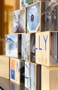Stacked wooden blocks with pictures printed on box