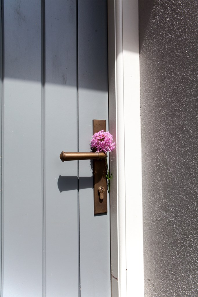 Bronze door handle on light grey door with white arch - pink flower in door handle