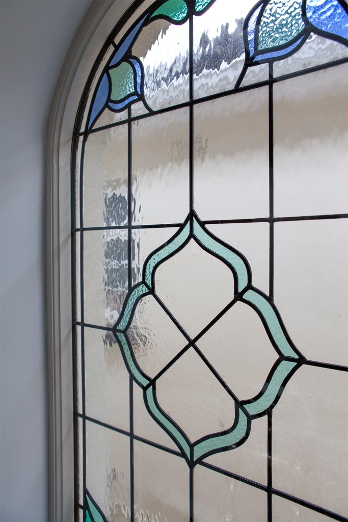 blue art stained glass - arch window - window details
