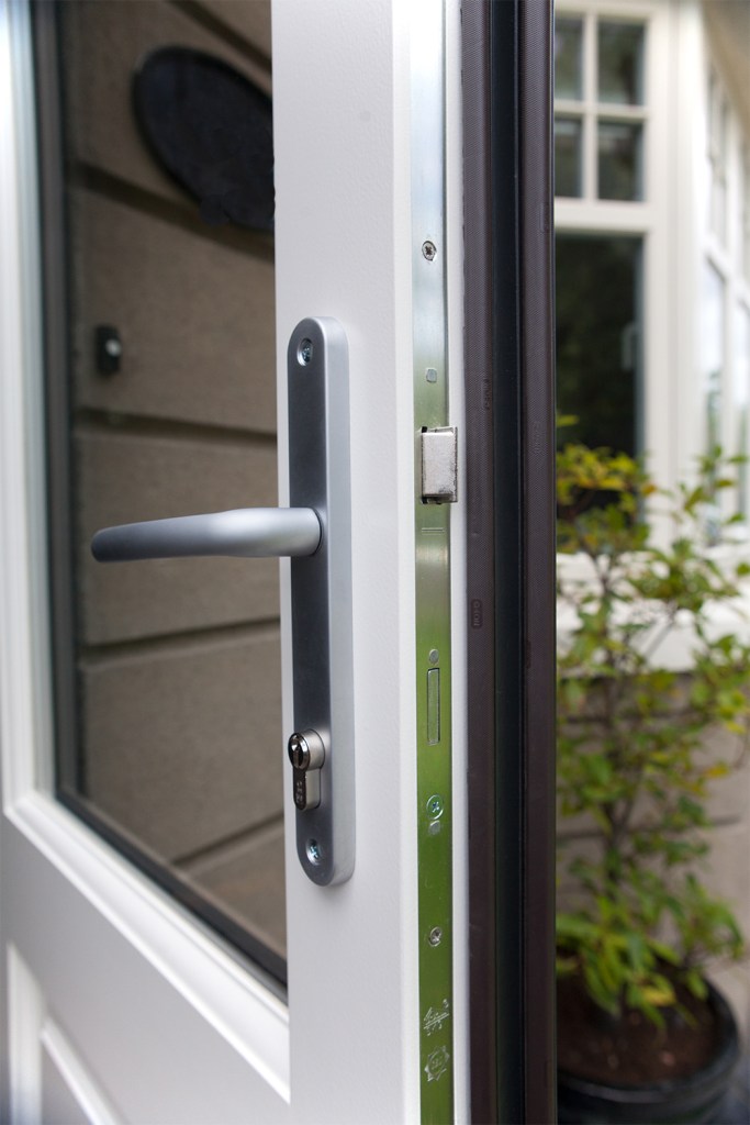 Door handle - key cylinder - latch - escutcheon - white door - glass window - white door frame