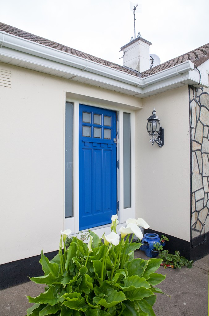 Blue door with windows at top - white house and lantern light - white lilly bush