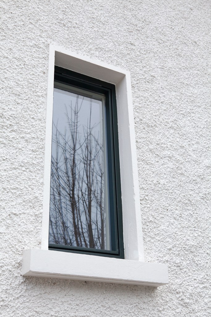 Window with tree branch reflection - small window with black frame and white arch with white window apron - white wall